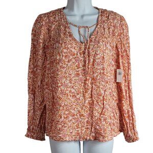 Old Navy Floral Top Orange Small Long Sleeve Ties Pleat All Over Print VNeck NWT